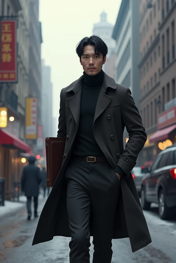 man, short black hair, round jaw, turtleneck shirt and long jacket, walking down the street, buildings in the background, holding a portfolio, cold weather, looking at the camera, photorealistic