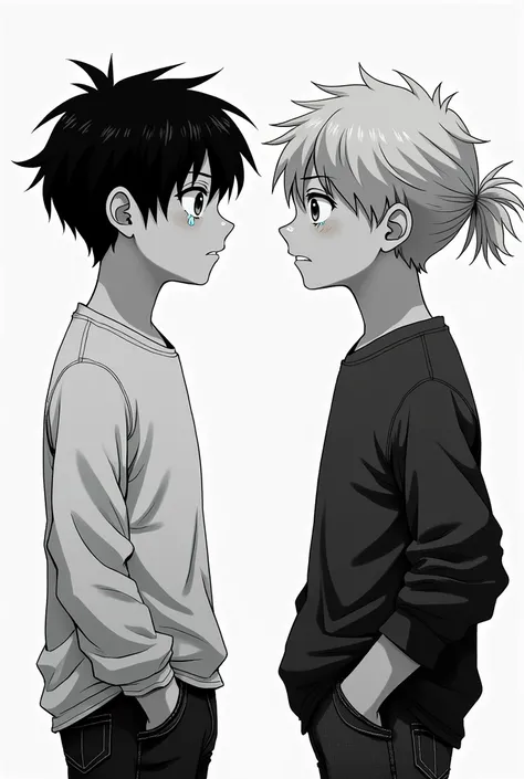 A crying 20-year-old boy with short hair and another 20-year-old boy with a bored look and slightly long hair tied in a small ponytail with his hands in his pockets, both looking forward in black and white manga style. 