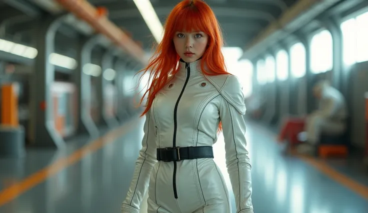 realistic photo, hyper detailed, 36k, hdr definition, uhd photo realistic, 1 young girl, red hair, (breast:1.1), dimples, (makeup:1.1), white leather suit, black tactical belt, thigh holster , high white leather boots, dynamic pose, determined look, ready ...