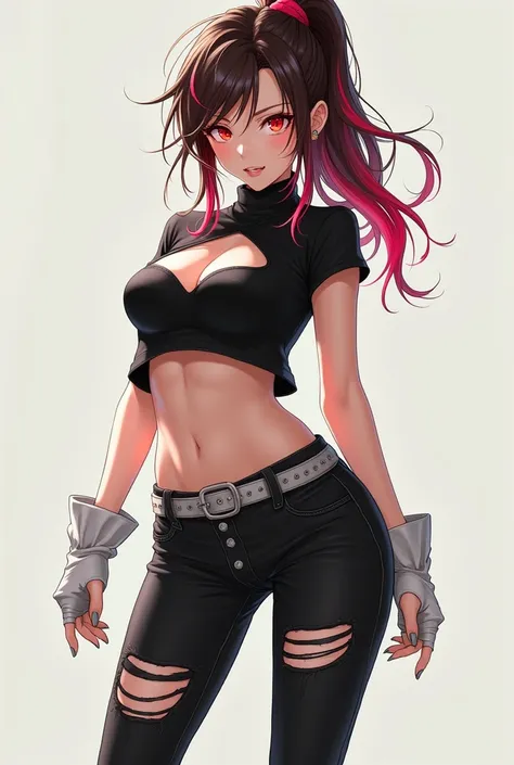 A cute anime girl with a black turtleneck short sleeveless top with her belly showing, brown hair with red tips tied up and red eyes, ripped black pants and white boots, long bad girl hair with a hole above her breasts 