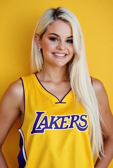 selena gomez smiling passport photo
down platinum blonde straight hair
yellow lakers jersey
beige background