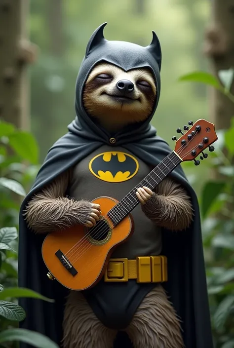 A picture of a sloth in a Batman costume playing a dulcimer