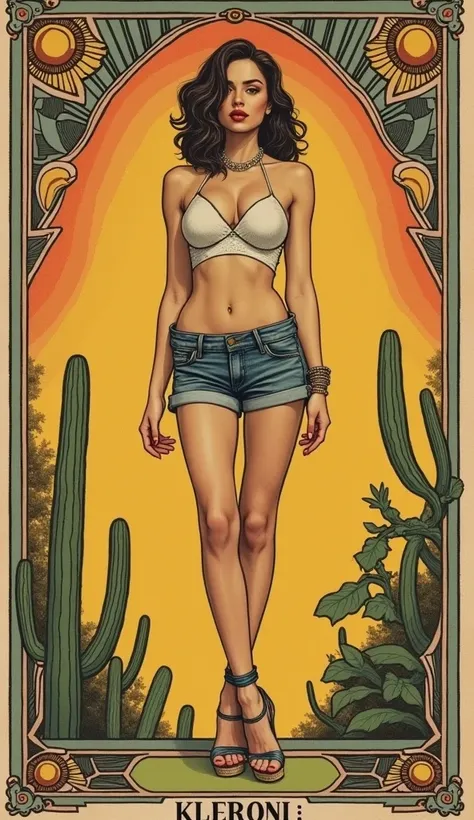 masterpiece, plain vintage tarot line-art aesthetics, pole dancer girl, denim cut-offs, pole heels