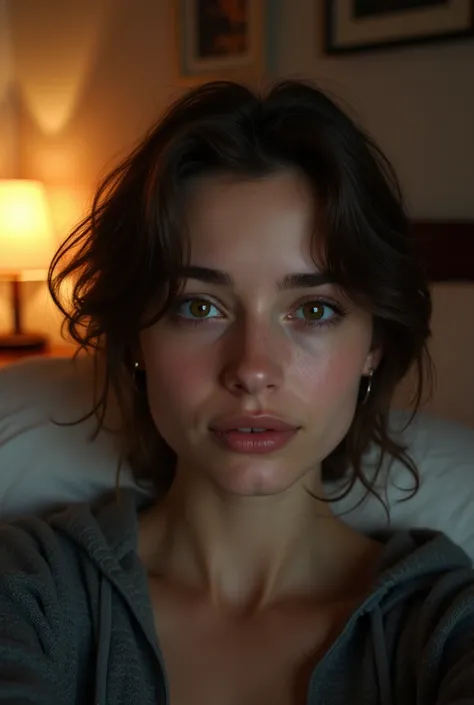 Realistic selfie photo of a young European woman with short brown hair and brown eyes in a room at night 