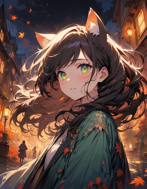 anime style, super lovely illustration, very detailed, Dynamic angle, beautiful detailed, 8 K, On an autumn night, the autumn maples glow quietly, illuminated cities. BREAK The woman stands still., captivated by the beautiful scene, look, as the bright lea...