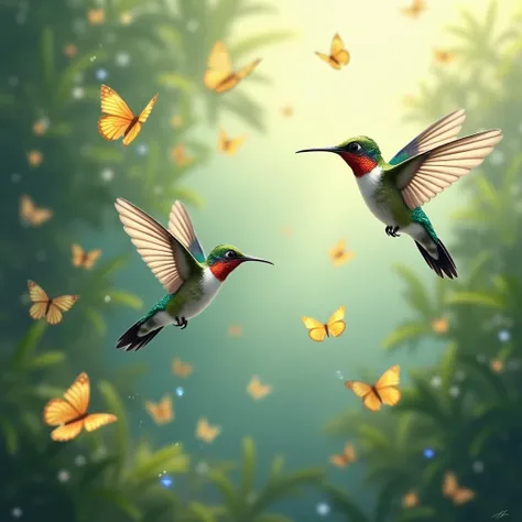 Create hummingbirds flying with butterflies