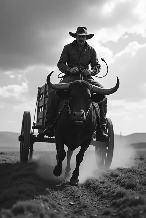 I want a black and white cowboy with a hat in his hand riding a wild bull wagon