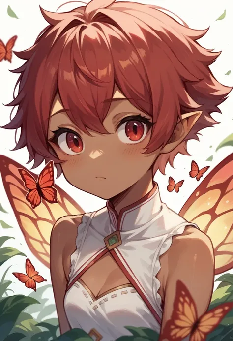 A little fairy with red hair and eyes with red dragon scales with beautiful red butterfly wings with cute nose and tan skin. Anime image