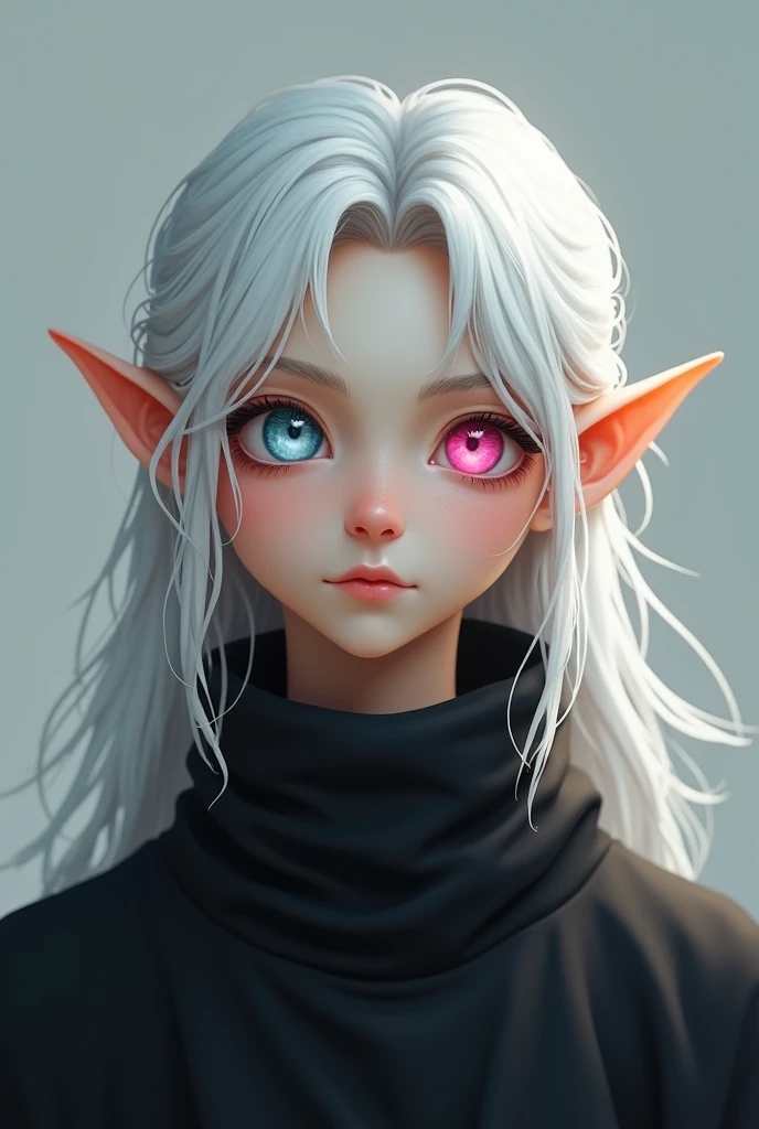 (photorealism:1.2), adorable young man. Half-elf half-human. White hair. One pink eye and one blue eye. Oversized black turtleneck sweater. Pale skin. 