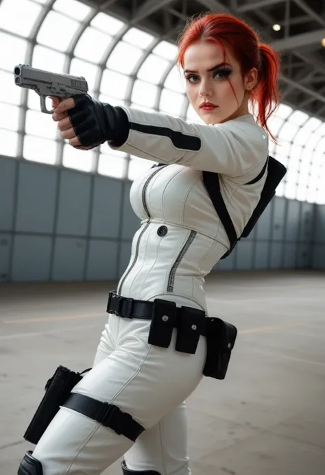 realistic photo, hyper detailed, 36k, hdr definition, uhd photo realistic, 1 young girl, red hair, (breast:1.1), dimples, (makeup:1.1), white leather suit, black tactical belt, thigh holster , high white leather boots, dynamic pose, determined look, ready ...