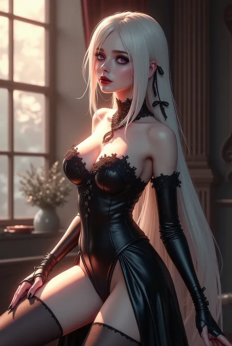 a sexy vampire girl with a slender figure opening her skirt to reveal her round buttocks, with bangs, straight white hair, heterochromia eyes, a full black gothic outfit including a skirt, stockings, and high heels, (best quality,4k,8k,highres,masterpiece:...