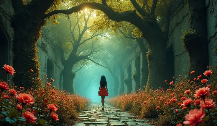 oraline, standing in the center of a beautiful but unnerving garden. The flowers are unnaturally bright and vivid, but the twisted vines and unnatural shapes create a sense of danger, as if the garden is alive and watching her." Comando 2: "Coraline walkin...