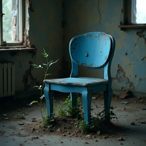 Create  blue chair in abandone house with plant