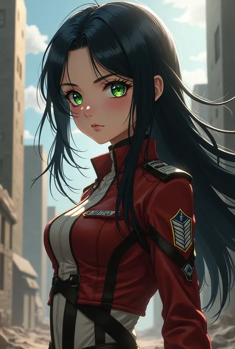 Personaggio femminile con capelli neri e lunghi, green eyes and long eyelashes, light complexion. Character set with Attack on Titan graphics