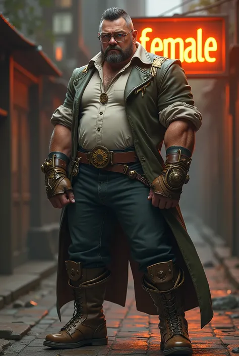 Pale skinned man is strong, has blue eyes, has short dark hair with a beard and glasses, his pants and black shoes are steampunk style, he is full height, You will see a burning sign with the name: "FEMALE"