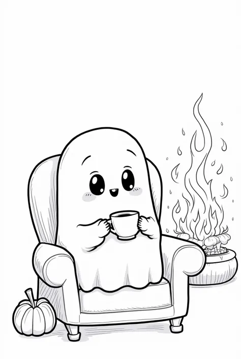 coloring linear graphics black and white without shadows and fills, Cute Ghost drinking tea by the fireplace in a chair holding a cup with both hands, there are four fingers on the hands, Cute and Kawaii Halloween, cartoon, coziness, autumn, thick bold lin...