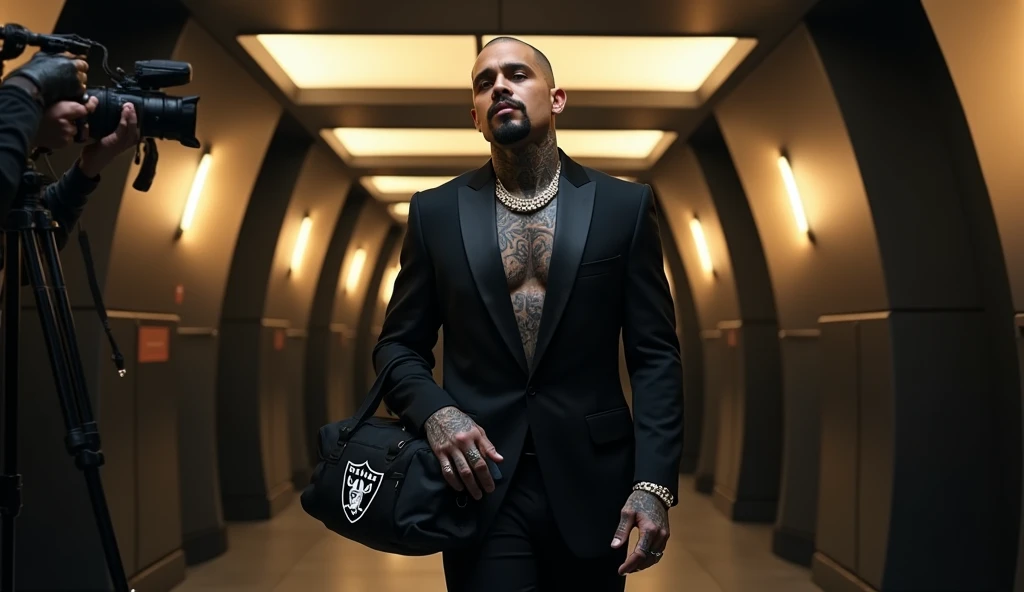 A (young latino with a short bald haircut with a short nice beard with tattoos on his big muscles and on his neck) walking in a luxurious Raiders matte black football tunnel with beige LED lights, wearing (luxurious black tuxedo iced out), carrying a (raid...