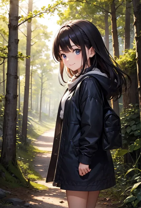 best qualityer, work of art, 4k resolution, high-detailed face, a lonely girl is walking in a forest, but with a smile on his face.