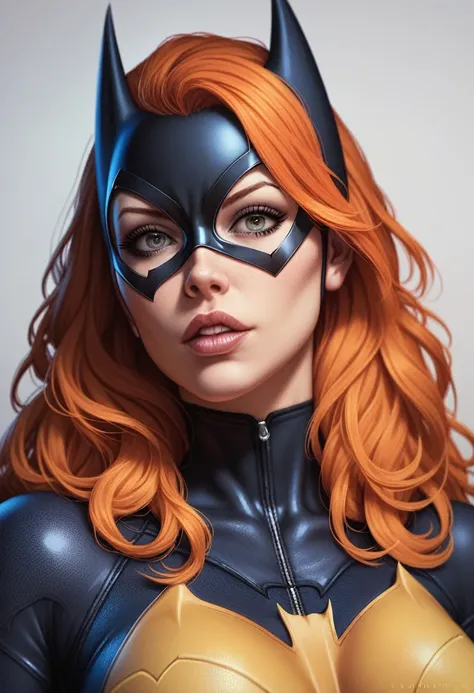 1girl, orange hair, batgirl costume, delicate beautiful, detailed face, detailed eyes, detailed lips, unmask