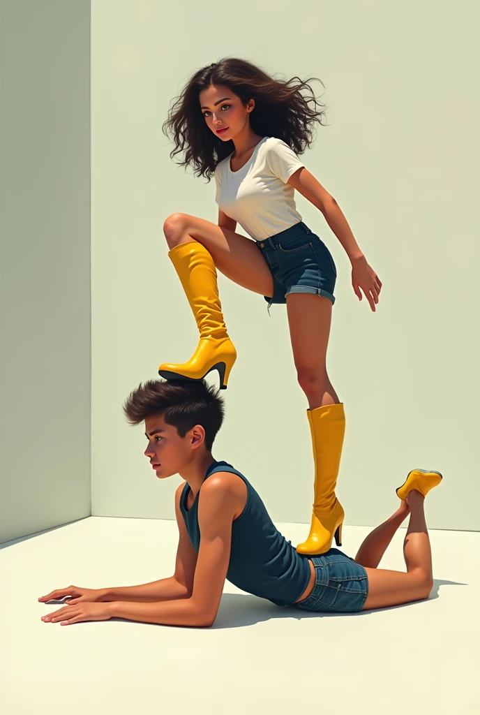 Girl in yellow high heel boots with one foot on a boy&#39;s head