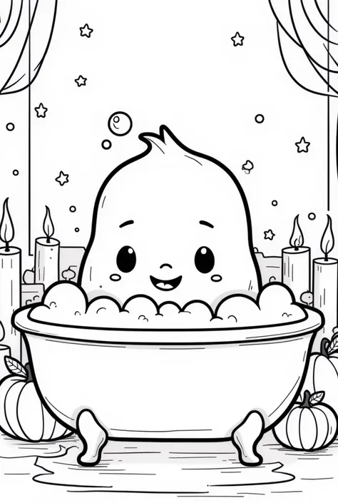 coloring linear graphics black and white without shadows and fills, Cute and Kawaii Halloween, Cute monster takes a bath full of soap bubbles, There are candles lit in the bathroom, romantic atmosphere , cartoon, coziness, autumn, thick bold lines, Colorin...