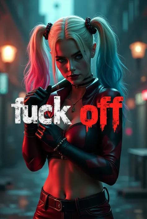 Harley Quinn , looking downwards, holding a baseball bat in hands, movie poster, text "Fuck off", cinematic shot, masterpiece, highly detailed, 8K, octance render, photorealistic, Best quality, highres, UHD, depth of field 