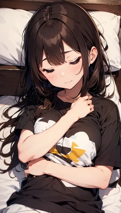 Brown Hair、T-Shirts、Sleeping in bed、Kind Face、Warm lighting　Japanese anime style　solo, One girl, 横向きにSleeping　Sleeping　Sleep