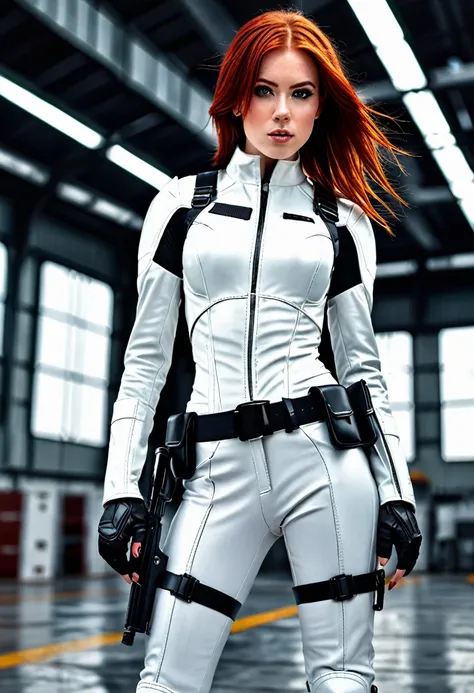 realistic photo, hyper detailed, 36k, hdr definition, uhd photo realistic, 1 young girl, red hair, (breast:1.1), dimples, (makeup:1.1), white leather suit, black tactical belt, thigh holster , high white leather boots, dynamic pose, determined look, ready ...