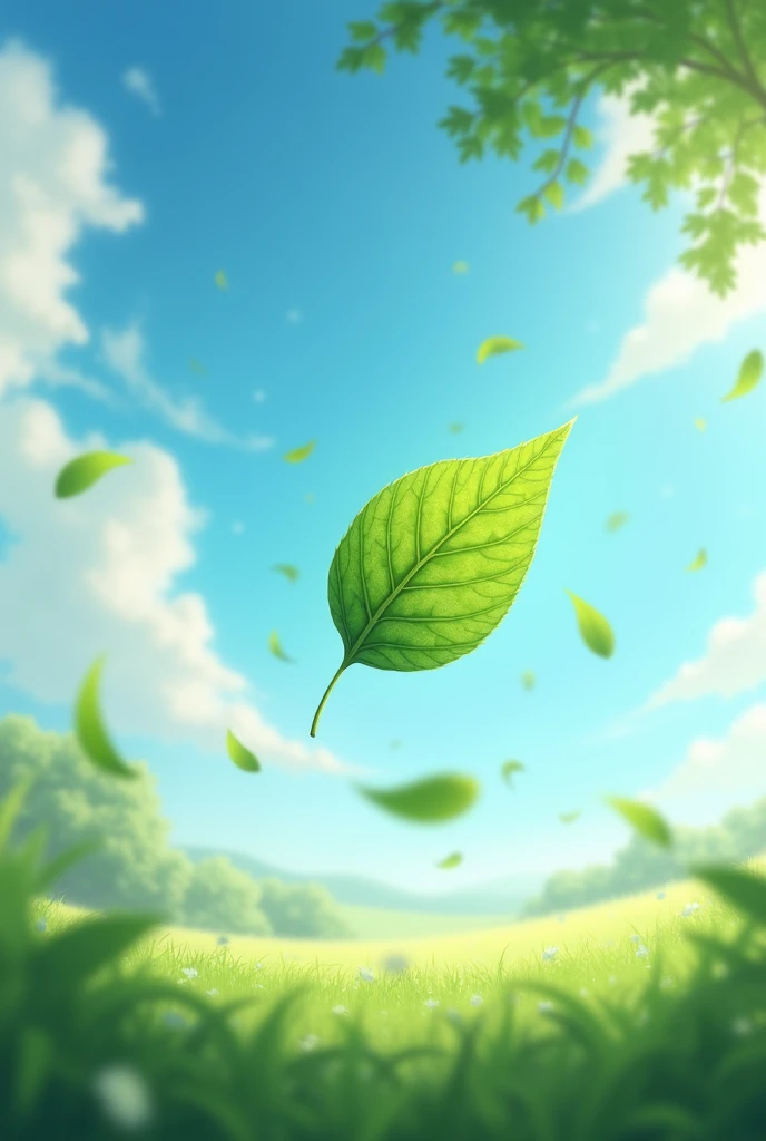 The leaf being lifted by the wind – The leaf is lifted into the air by a strong gust of wind, among other leaves, with clear sky and light clouds, giving a sense of freedom and movement.