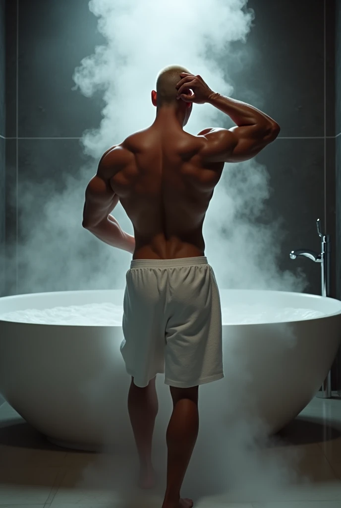 Create an image of a man standing with his back to the camera , strong athletic physique  ,  buzzcut hair short shaved blonde, wearing no shirt , white towel wrapped around the waist. modern luxury bathroom night environment ,   with a bathtub full of wate...