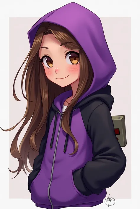  a young looking character, long brown hair, purple and black hoodie, and a very friendly smile. Its appearance was quite simple., but it had some nuances that made it stand out, like the bright colors and character design which looked quite nice, as a min...