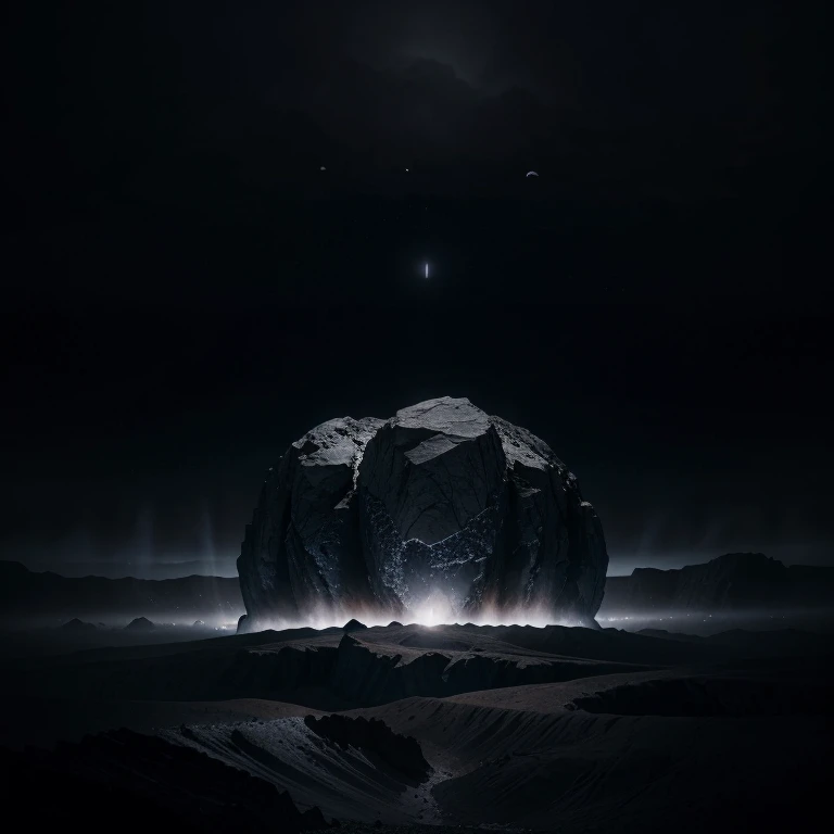 surreal dark fire spheres soft silver glow, different distances and heights, floating in black starless sky, high obsidian mountains and cliffs, surreal fog, ethereal silver lighting, 8k, detailed, photorealistic, dramatic, moody, atmospheric, panoramic