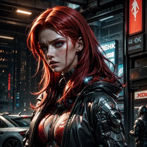 cyberpunk woman, futuristic apocalyptic scenario, high resolution, anatomically correct, accurate, high quality, super detailed, red hair, medium hair, makeup, surprised expression, tired, 4k, clear lighting, many people