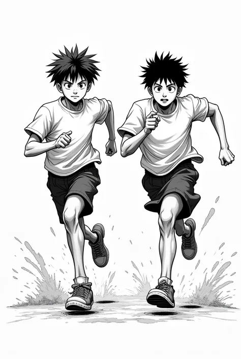 Two 20 year old boys running in black and white manga style 