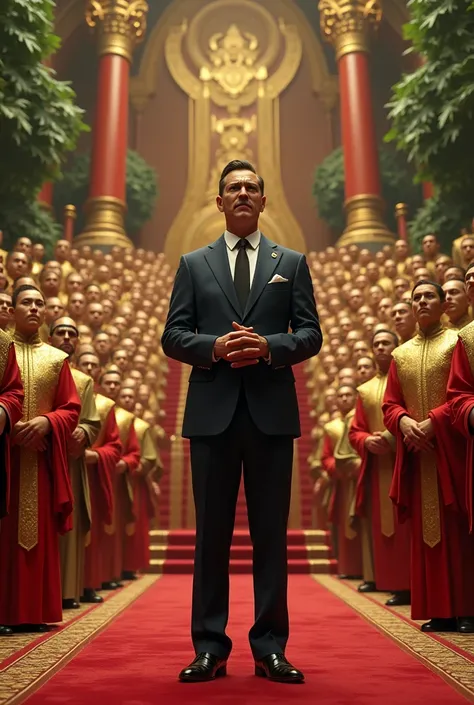 Male SPEAKER,Suit ,giving gym, Kingdom, wealth ,many gold people, green trees.