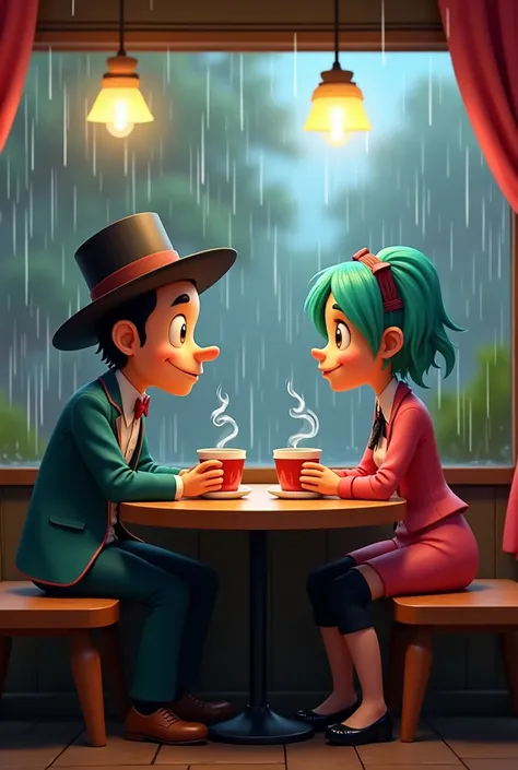 (pDon Ramón del chavo del 8 in a cafe at a table, alongside Hastune Miku from Vocaloid, They are both flirting and it&#39;s a rainy day outside, Patrick from Spongebob is the waiter (animated style)