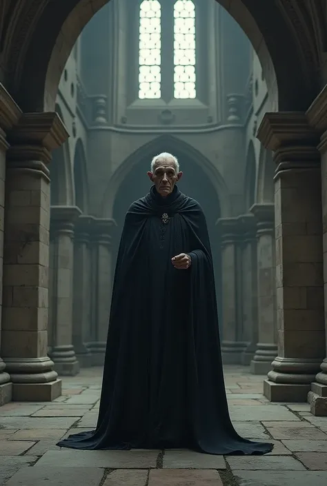 Old Man in black full covered gown in castle