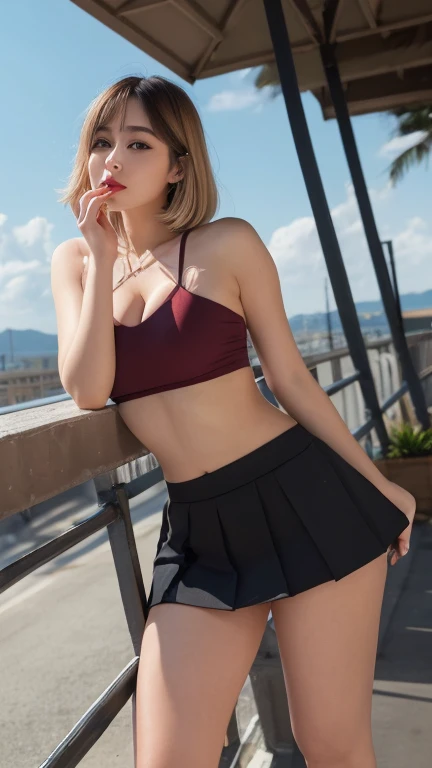 High resolution、Black hair straight short、Short Bob、girl、mini skirt、Light Hair Color、Tanned hair、sexy、blonde、high school girl、Thin legs、Beautiful eyelashes、High resolution、Zoom out、20-year-old、knees、Wide viewing angle、Highest quality、An illustration、Super ...