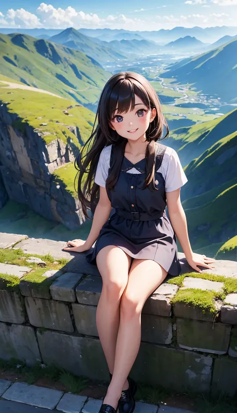 best qualityer, work of art, 4k resolution, high-detailed face, a girl alone is on a mountain, but with a smile looking at the landscape.