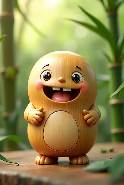 A cute mascot made from bamboo with beautiful teeth, suitable for use as a symbol of a chewing gum brand. 