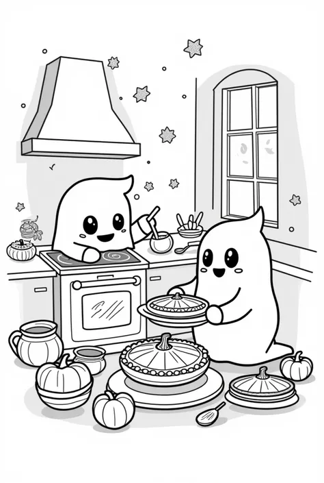 coloring linear graphics black and white without shadows and fills, Cute and Kawaii Halloween, cute ghosts cooking pumpkin pie in the kitchen, romantic atmosphere, oven, leaves are falling in the window, cartoon, coziness, autumn, thick bold lines, Colorin...