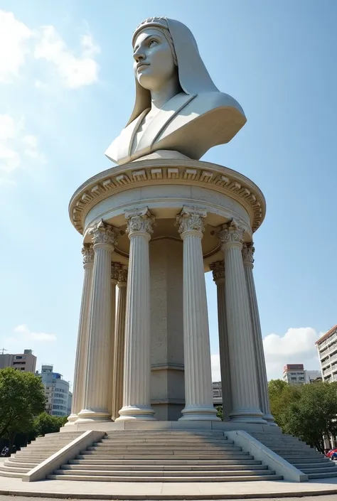 create a circular base with an image of the bust measuring 24 meters on top of this base, of santa dulce dos pobre the base must have the proportion 13 meters in height by 24 in circumference, with 13 Roman model columns, with stairs to go to the top