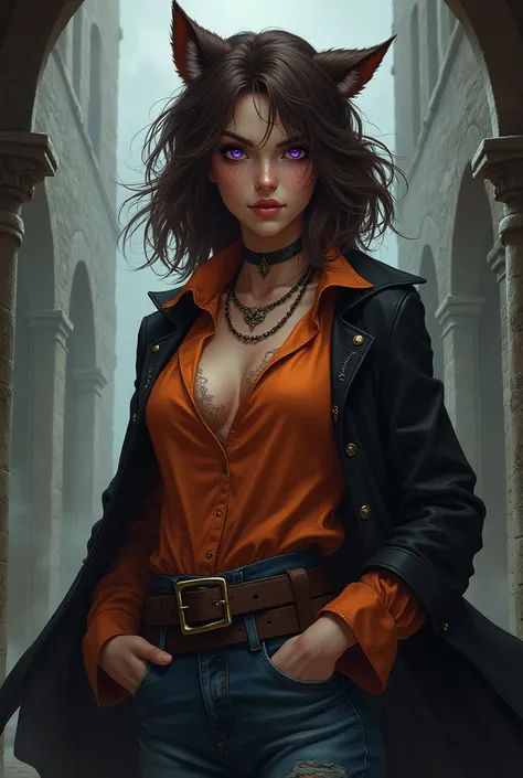 Brunette woman with freckles, adult around 1, brownhair, with purple eyes, wears loose clothing in dark orange and black colors, an old-looking coat and a blouse with some tears. The character is a werewolf, so make the teeth sharp and the ears a little po...