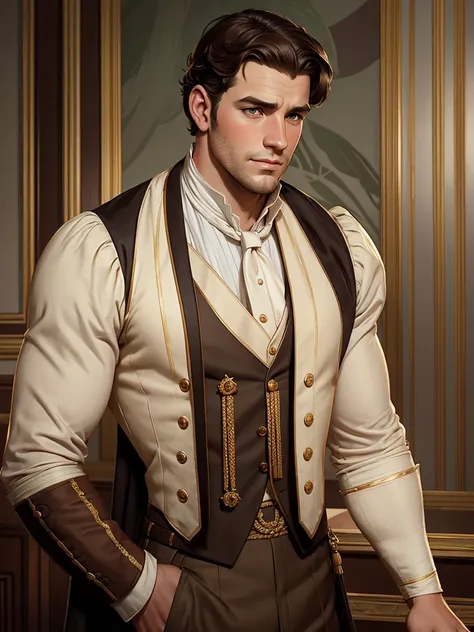 Leyendecker style illustration:  male, british, regency era, bridgerton, jonathan bailey, anothony birdgerton lookalike ,muscles, big pecs ,hairy chest, handsome face. wearing regency era suit