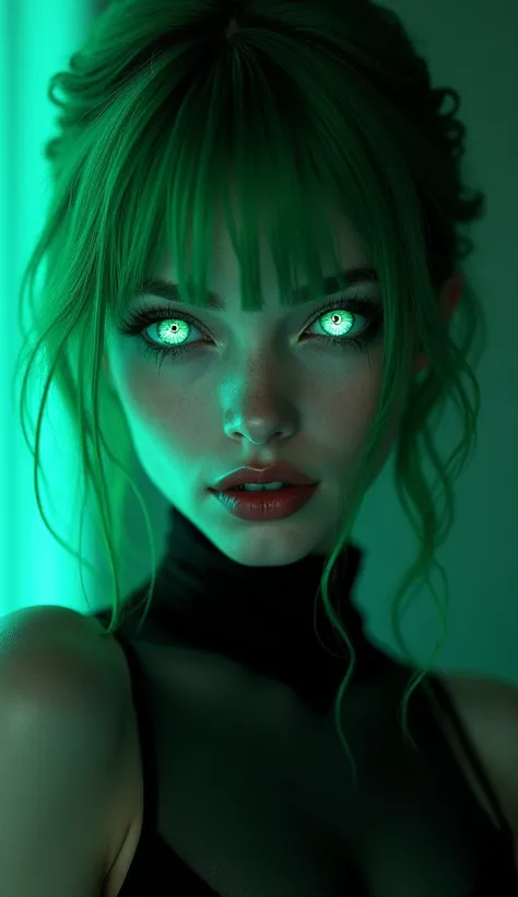 Ghotic cybergirl, retrato facial , eyes cyber, seduction,hair color  green, little smile