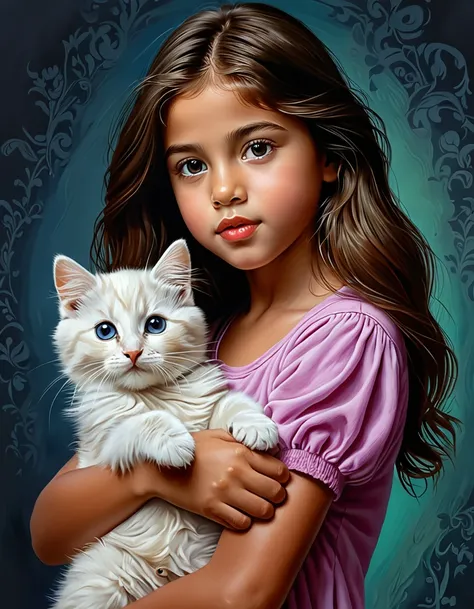 A hyperrealistic digital painting of a very cute young girl holding a cat in her arms, done in a realistic and cute style, the girl looks like young Selena Gomes, expressive eyes, perfect front face, very beautiful art, cute and lovely, beautiful young cat...