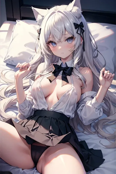 Cat girl，Cat ear, Perfect Face, Glowing Skin,Beautiful, flowing long hair， ((((Exposed breasts)))), Nipples, Exposed shoulders，Gossiping, Slim and toned body，Lying on your back on the bed、Spread your legs、slim fit white shirt with bow tie, tight black skir...