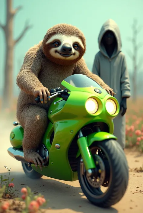 A picture of a sloth riding a green motorcycle next to 021kid