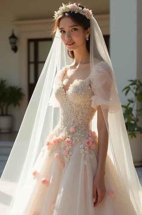 Princess style wedding dress with long veil, the dress has pink flowers, elbow-length sleeves and sweetheart neckline