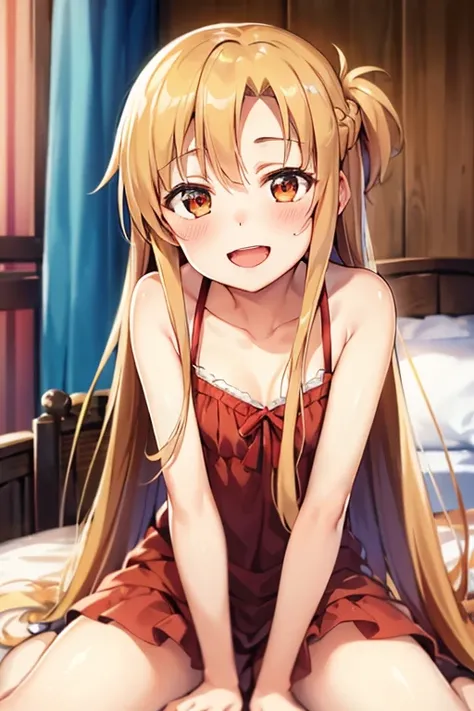 ((Highest quality)), ((masterpiece)), (be familiar with), Perfect Face, indoor, Bedroom, Watching the audience,
One woman, Yuuki Asuna,
Open Mouth, Ecstatic expression, blush, smile,
Small breasts, Flat Chest, , , child, Girl,
Long Hair, Long Hair,
Leg spr...